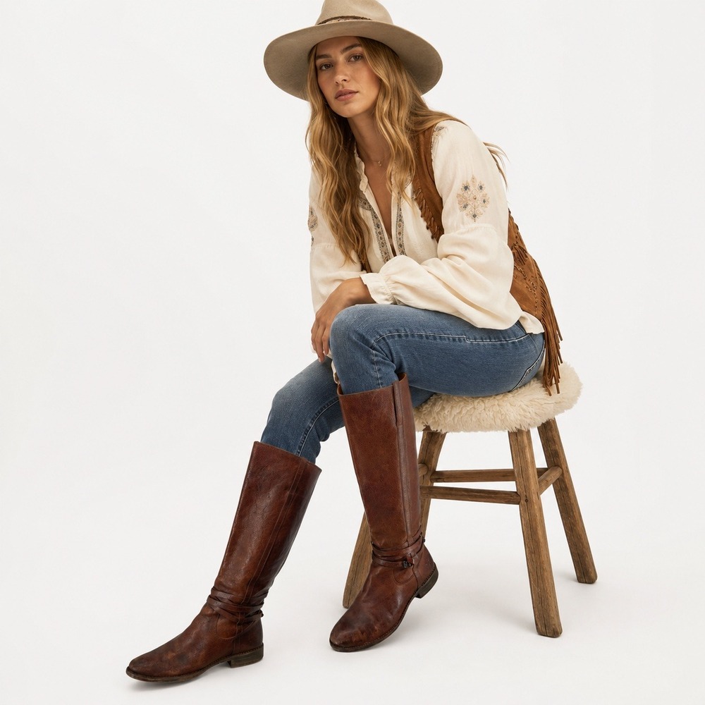 Frye Shirley Riding Plate boots 8B Wrap Tall Leather Equestrian Cognac Brown